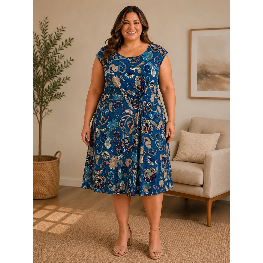 Dana Buchman Paisley Sheath Dress Womens 2X Blue Knot Front Stretchy Fluid Knit